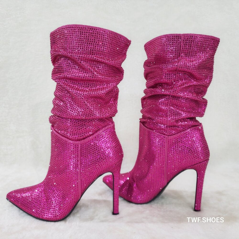 Radiant Fuchsia Pink Rhinestone High Heel Slouch Mid Calf Pull On Boots